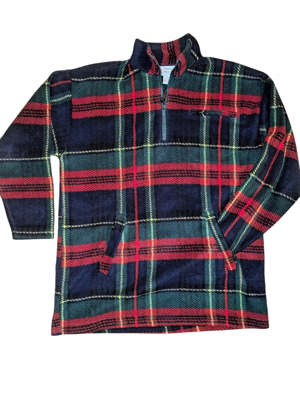 Vintage Cherokee Plaid Half-Zip Fleece Pullover Kangaroo Pockey Rare 90s